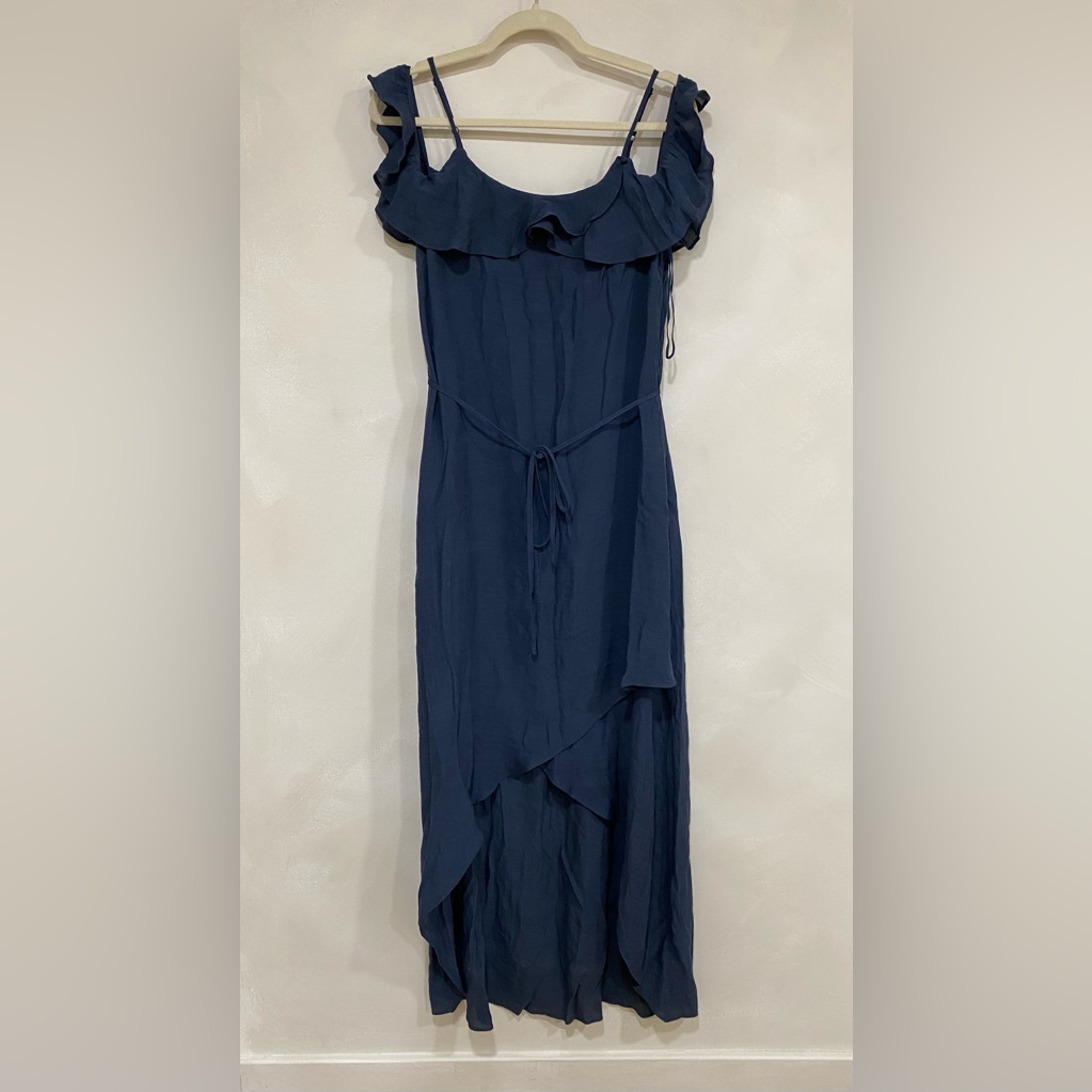 Wishlist Ruffled Tie Belt Maxi Dress Navy Small Nwot